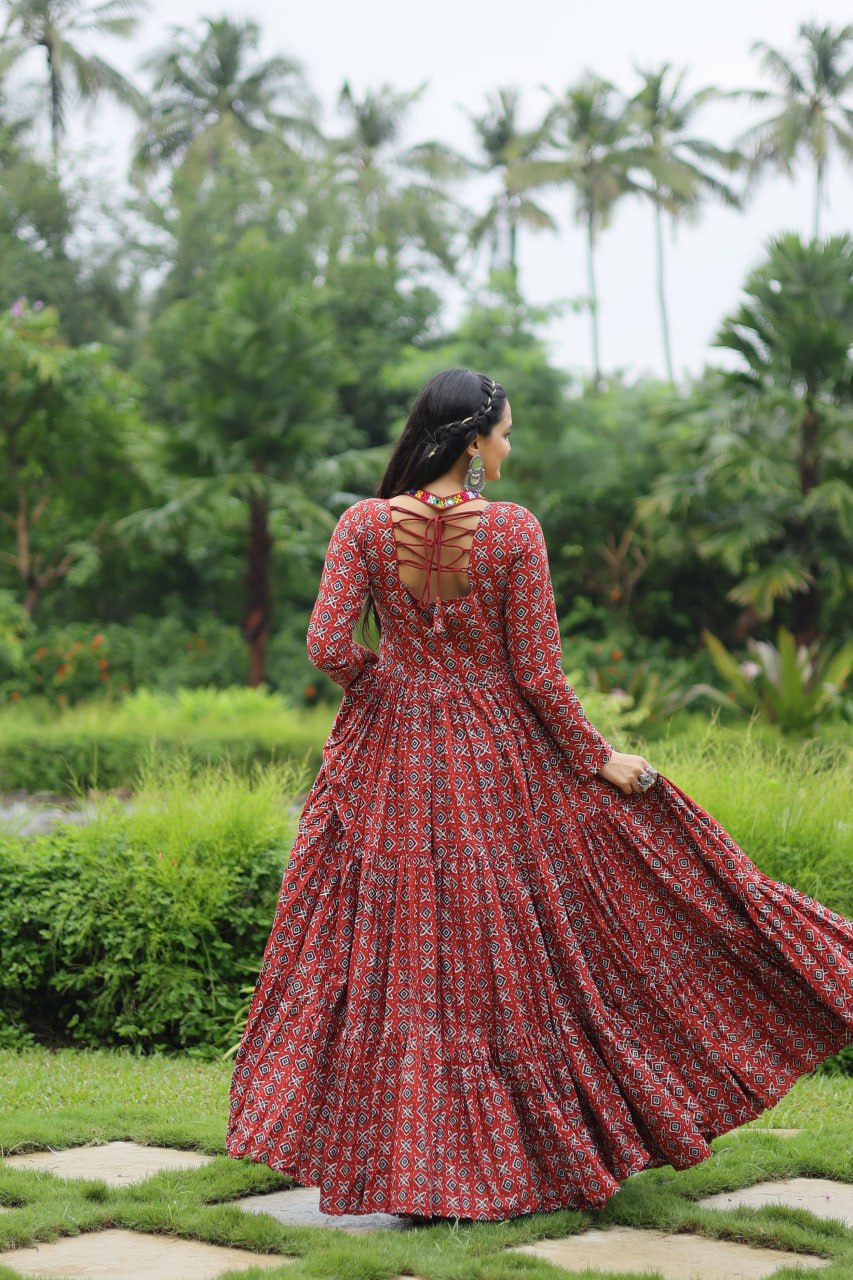 Designer Printed Gown Made from Heavy Printed Cotton with Kutchi Gamthi Lace and Kodi Work...