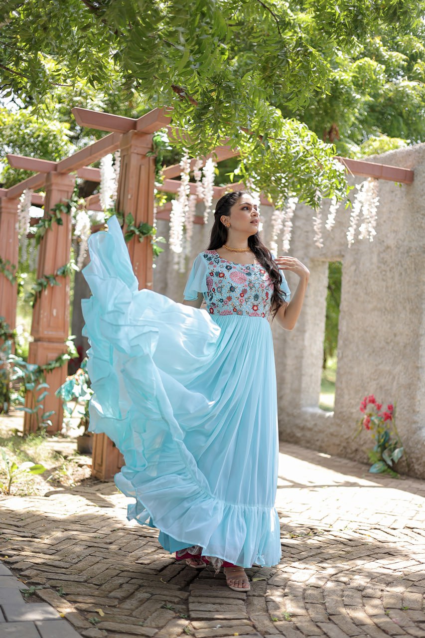 PREMIUM READYMADE DESIGNER SKY BLUE GOWN COLLECTIONS. 💃🏻