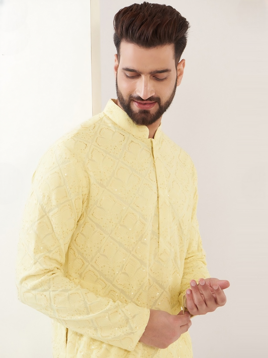 YOURSRK THE LIGHT YELLOW SEQUENCE EMBRODERY WORK MENS KURTA